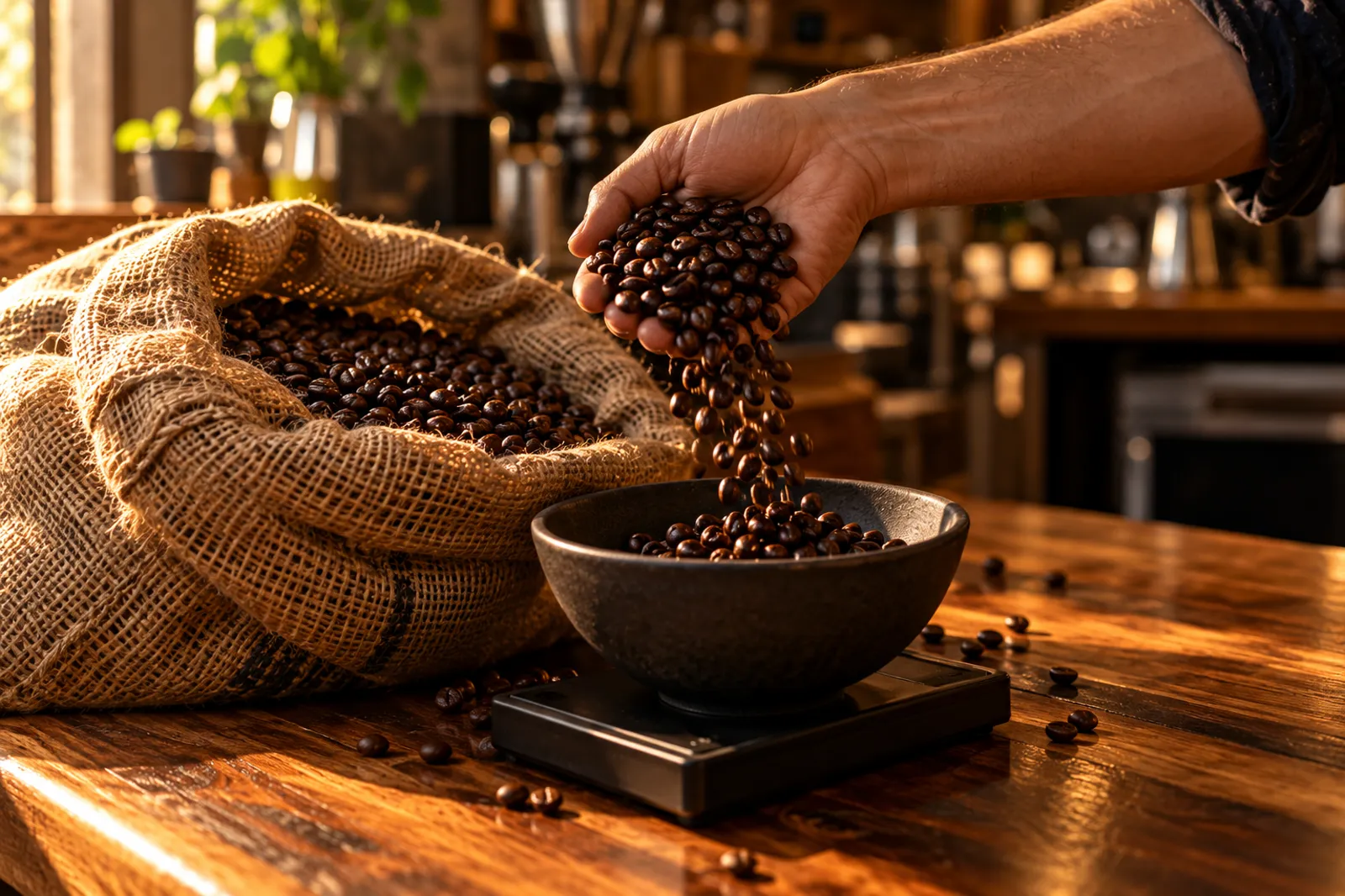 Roasted coffee beans poured from a sack into a bowl