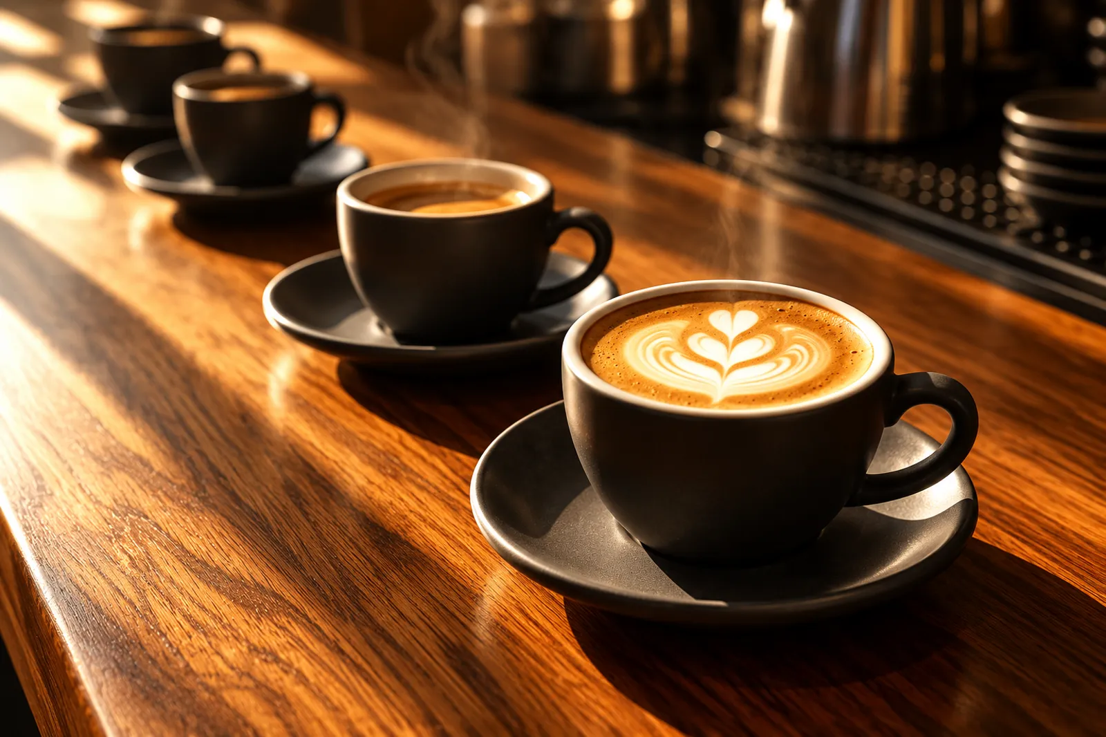 A flat white in a charcoal cup on the walnut bar