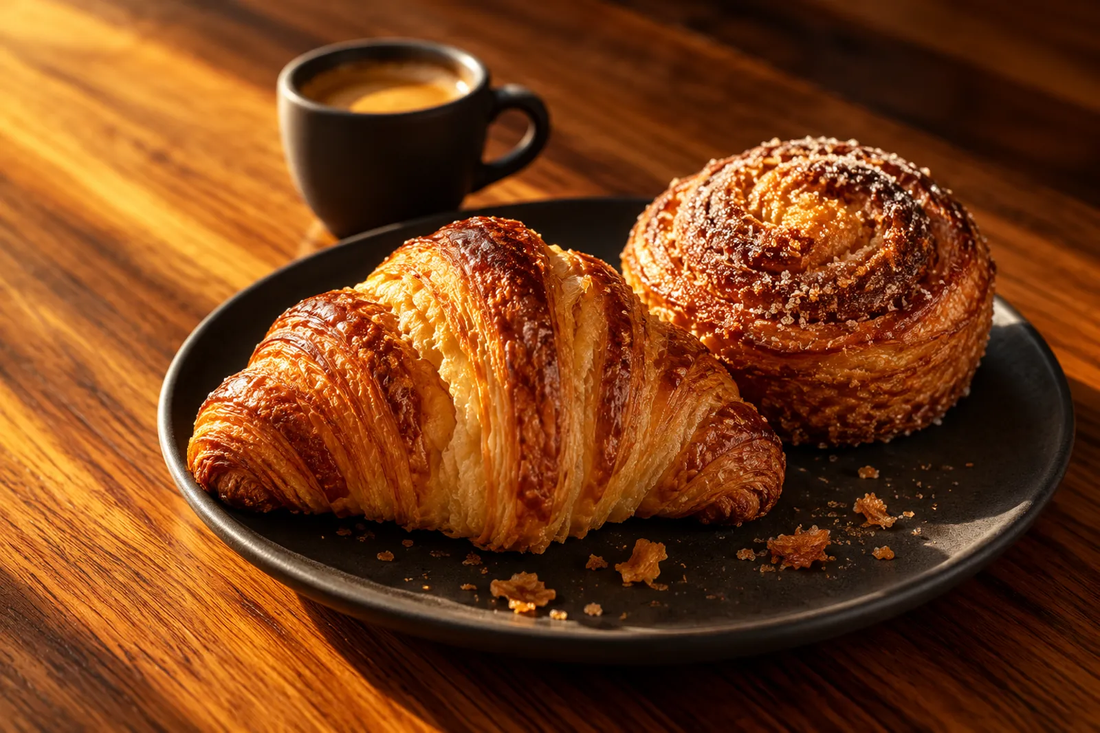 A croissant and a morning bun on a charcoal plate