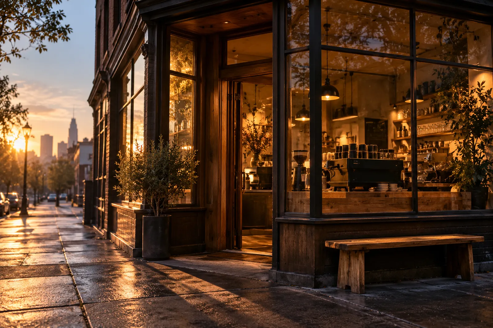 The coffee shop on a quiet corner at dawn, windows glowing